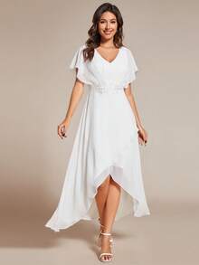 Elegant V Neck Chiffon Midi Bridal Shower Dress With Short Sleeves Contrast Lace Wrap Detail High Low Hem White Dress - White - View 1