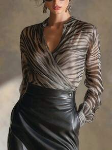Elegant And Fashionable Women's Long-Sleeve Chiffon Top, Featuring A Sheer Zebra Print And A Crossover Hem Design-Perfect For Gatherings, Dates, And Spring/Summer Wear. Vacation - Multicolor - View 3