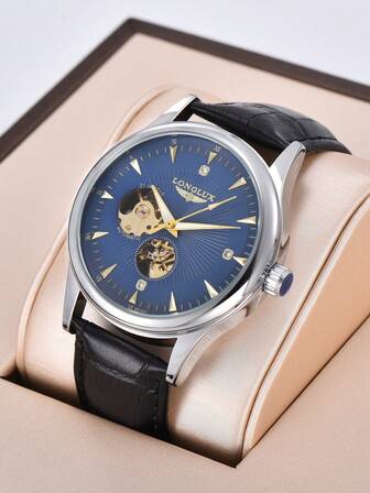 LONGLUX 1 szt. męski automatyczny zegarek mechaniczny z pustym paskiem, modny, casualowy zegarek ze skórzanym paskiem, prezent