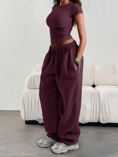 Pantaloni della tuta casual da donna, con vita elastica, di colore unito e con tasche