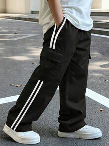 1件装 男童/青少年 舒适百搭 休闲户外 宽松 个性化侧袋 撞色直筒多口袋工装裤，春/夏/秋/冬 - 黑色 - 查看 4