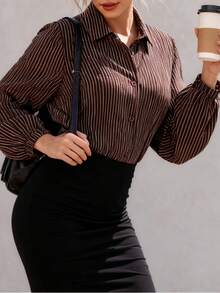 Women's Casual Striped Lantern Sleeve Blouse,Modest - 棕色 - 查看 5