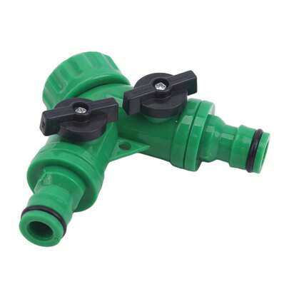 1个，花园软管二通分流器，塑料接头水龙头分流器，Y型分流器，带两个阀门和截止阀，植物浇水系统，带可调节控制阀开关，浇水喷头，花园软管配件