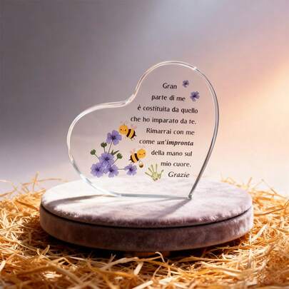 1pc Italian Heart-Shaped Acrylic Plaque With Floral & Bee Graphic, Thankful Message - Suitable As Birthday, Retirement Gift For Teachers, Professors (Unisex), Teacher's Day Gift, Elegant Decor, Signage