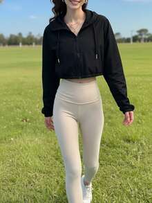 Women's New Lightweight Short Hooded Long Sleeve Activewear - Black - View 4