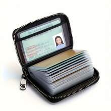 1 Piece Of Genuine Leather Card Holder Wallet, Unisex Zipper Bank, Credit Card, Debit Card, Business Card And ID Card Storage Card Holder, Multiple Card Slots, Daily Office Storage Box - màu đen - Xem 6