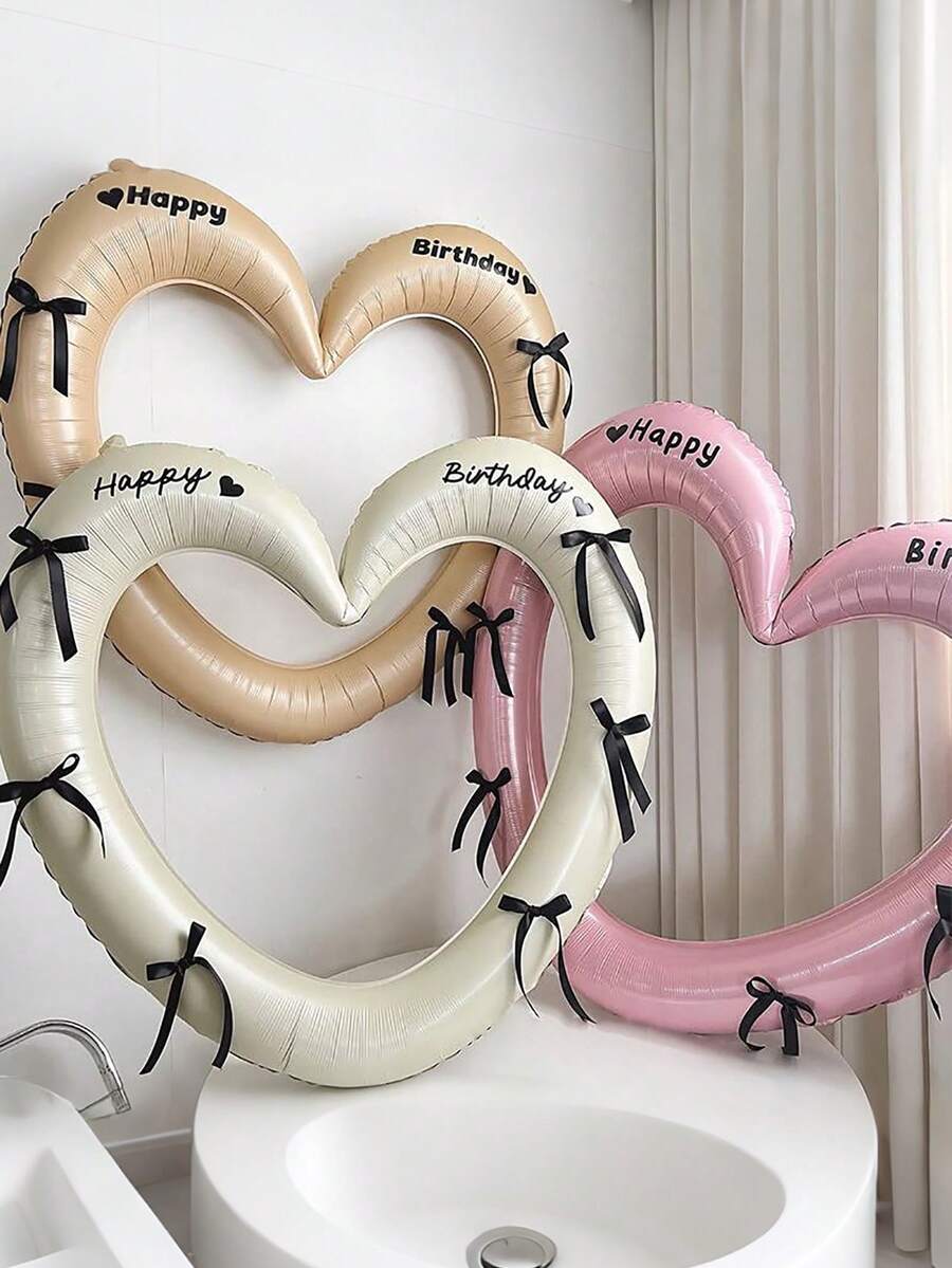 1Set 40-Inch Large Heart-Shaped Foil Balloon With Black Bow & "Happy Birthday" Sticker - Pink, Cream,Black, - For Birthday Parties, Outdoor Events, Anniversaries, And Wedding Holiday Decorations, Birthday Party Supplies, Valentine'S Day Commemorative Balloons, Heart Balloon, Black Heart Balloon, Balloon Decoration - Multicolor - View 1