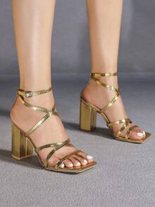 Giày cao gót mũi vuông màu vàng thời trang dự tiệc tối giản, thoải mái, đa năng cho nữ - Vàng - Xem 4