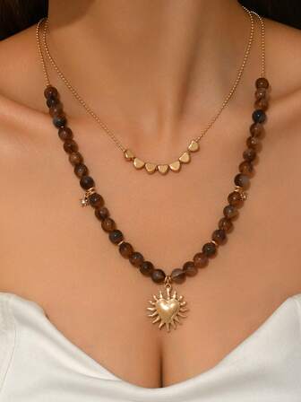 1 pieza Elegante collar de doble capa con cuentas y colgante con forma de corazón