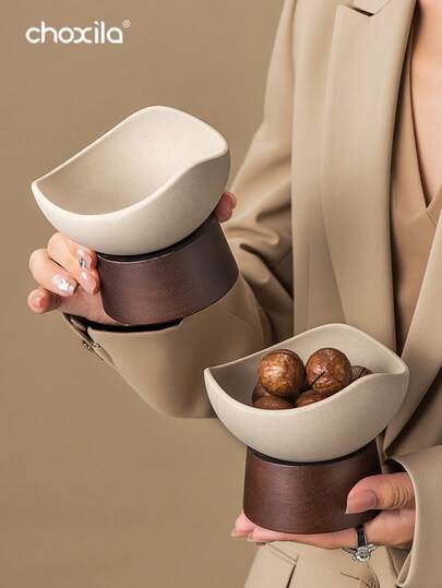 choxila 1 buc/2 buc Tavă vintage groasă din ceramică pentru fructe, bază din lemn - Bol reutilizabil multifuncțional pentru desert, Cană pentru gustări, Vas creativ pentru fructe și nuci, Farfurie pentru aperitive, Vas pentru condimente, Veselă unică pentru casă și restaurant