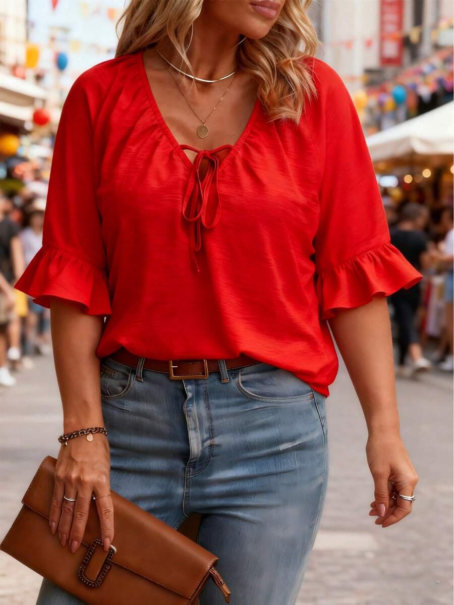 Blusa elegante de unicolor con puños de volantes retorcidos de moda para mujer talla grande, color rojo