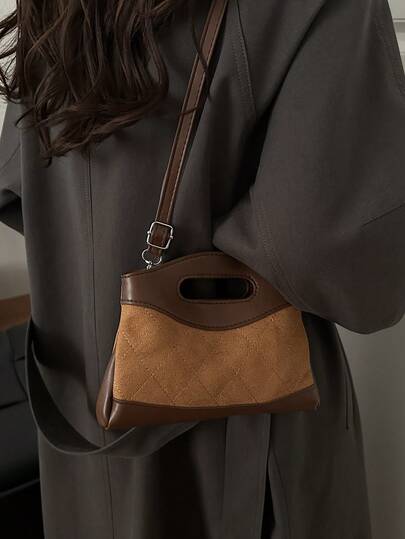 1pc Quilted Snap Closure Square Bag, Fashion Suede & Leather Patchwork Tote Handbag, Adjustable Shoulder Strap, Versatile For Commute, Dating, Shopping, Office, Business, Birthday Gift