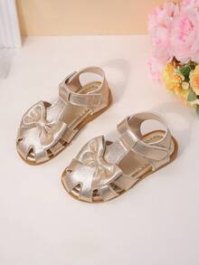 1双女童金色亮片蝴蝶结凉鞋，配金属PU皮鞋包，低帮魔术贴平底鞋，甜美公主风凉鞋，夏季演出/日常穿着 - 金色 - 查看 8