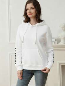 Women's Graphic Print Loose Fit Thermal Lined Hoodie Sweatshirt, Fashion Long Sleeve, Winter - White - View 3