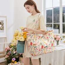 Corduroy Tote Bag, Women's Tote Bag, Shoulder Bag With Inner Pocket For Work Beach Travel And Shopping Grocery, Travel Gym Bag For Women Work Lunch Beach Grocery Shopping Shopper Handbags, Suitable For Work, School, College Student, Books, Shopping, Back To School, Best Friend Gifts, Birthday/Valentine's Day Decor Gifts, Auspicious New Year Gifts - 彩色花朵 - 查看 7