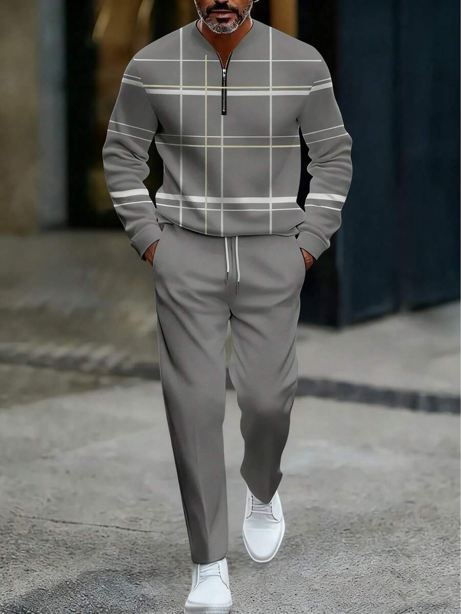 Men's 2-Piece Lightweight Business Casual Sportswear | Light Blue Plaid Top With Half Zip | Contrast White And Yellow Plaid Pattern + Matching Pants | Perfect For City Commuting, Office Casual, And Polished Comfort - Màu Xám nhạt - Xem 1