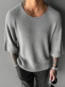 Plus Size Men's Solid Color Crew Neck Loose Fit Knit Short Sleeve Top - Grey - View 2