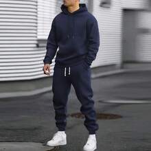 Men's Autumn Suit Casual Sports Solid Color Hoodie Men's Two-Piece Set Loose Sweatshirt Men's Clothing - 藏青 - 查看 12