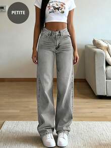 Jeans rectos de mujer sin estiramiento, de pierna recta y extra largos, de estilo casual con cremallera, botón y bolsillos - Gris Claro - Ver 1