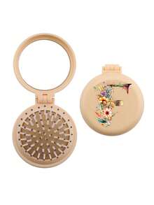 Brodark 1个象牙色和米色花卉图案26字母迷你镜梳，小巧便携，女士必备气垫梳，可折叠气垫按摩梳，镜子和梳子一体设计，旅行和露营配件，返校必备 - 黃色 - 查看 32