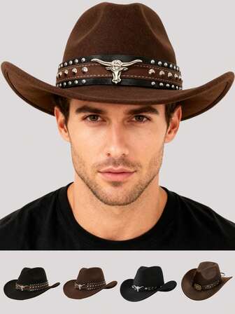 1 件西部牛仔帽，牛仔，女士帽子，男士牛仔帽，带可拆卸银色公牛头腰带装饰，适合日常休闲穿着，日常和假日，西部牛仔派对