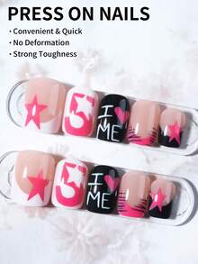 24片短方形豹纹粉白法式压花美甲贴纸，饰有爱心、星星和星期五图案，可爱少女风，完美贴合指甲，套装包含1瓶果冻胶和1把指甲锉，适合女性和女孩日常佩戴及各种派对场合的美甲用品。 - 彩色 - 查看 2