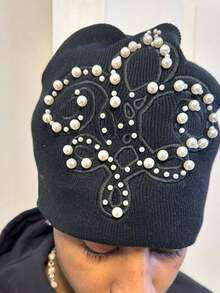 Design Hip Hop Pearl Bow Black Plush Knitted Hat Women's Autumn And Winter Warm Baotou - 黑色 - 查看 1