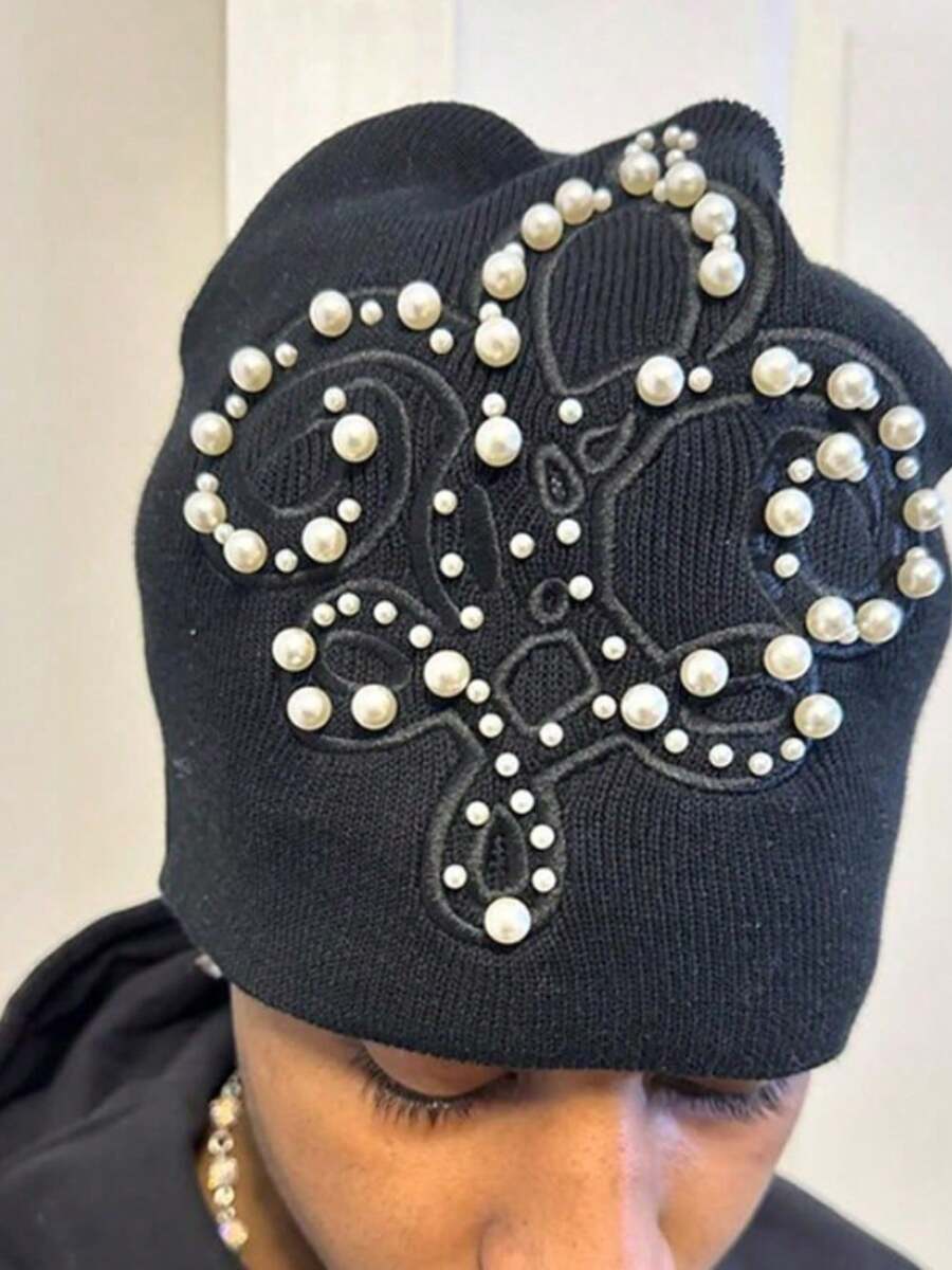 Design Hip Hop Pearl Bow Black Plush Knitted Hat Women's Autumn And Winter Warm Baotou - 黑色 - 查看 1