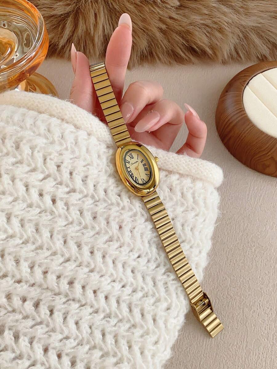 ساعة نسائية كوارتز بعقدة الخيزران البيضاوية الذهبية، أنيقة وعصرية للاستخدام اليومي، هدية مناسبة للحفلات