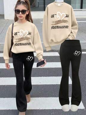 2pcs Set Girls Heart - Element Set, Comfortable Fabric, Spring & Autumn Street Activity & Daily Style