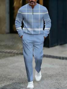 Men's 2-Piece Lightweight Business Casual Sportswear | Light Blue Checkered Top With Half Zipper | Contrasting White And Yellow Checkered Patterns+Matching Pants | Suitable For Urban Commuting, Office Leisure, And Polished Comfort - 藍色 - 查看 1