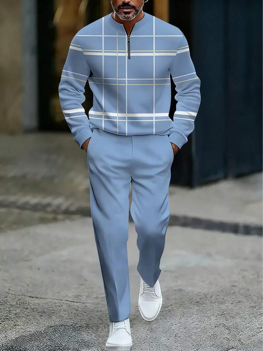 Men's 2-Piece Lightweight Business Casual Sportswear | Light Blue Checkered Top With Half Zipper | Contrasting White And Yellow Checkered Patterns+Matching Pants | Suitable For Urban Commuting, Office Leisure, And Polished Comfort - 藍色 - 查看 1