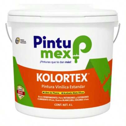 Pintura Vinílica Estandar Pintumex Kolortex  4 L | Acabado Mate Eficaz | Pintura Lavable y Resistente | Colores Vivos por Más Tiempo | Ideal para Interiores y Exteriores | Libre de Plomo | Alto Rendimiento y Excelente Cubriente | Fácil de Aplicar y con Buena Blancura | Perfecta para Muros, Fachadas, Techos y Espacios Interiores | Calidad Profesional 3 a 4 Años de Durabilidad.