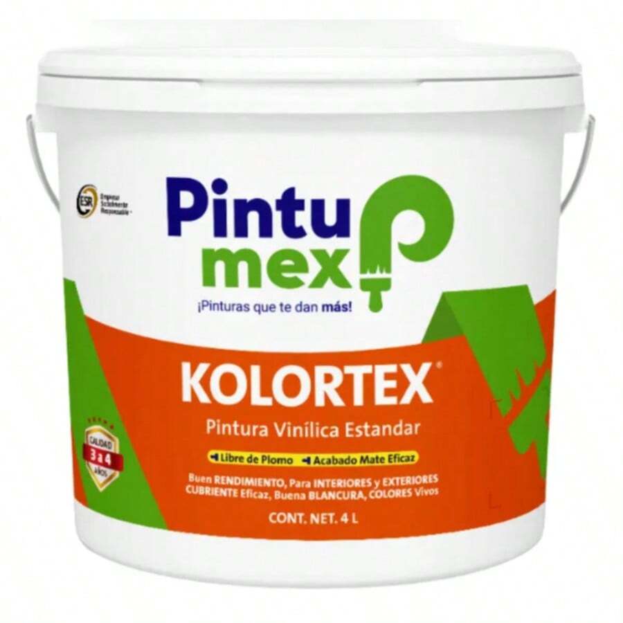 Pintura Vinílica Estandar Pintumex Kolortex  4 L | Acabado Mate Eficaz | Pintura Lavable y Resistente | Colores Vivos por Más Tiempo | Ideal para Interiores y Exteriores | Libre de Plomo | Alto Rendimiento y Excelente Cubriente | Fácil de Aplicar y con Buena Blancura | Perfecta para Muros, Fachadas, Techos y Espacios Interiores | Calidad Profesional 3 a 4 Años de Durabilidad.