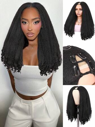 DUOZIMEI 16 Inch Natural Black Afro Curly U / V Part Wig With Bouncy Curls Synthetic Kinky Straight Glueless Hair For Women No Leave Out Clip In Half Wig