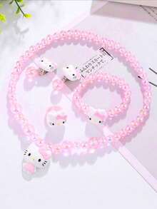 Set de 5 piezas de joyería de Sanrio con tema de moda casual, que incluye collar, pulsera, aretes y anillo con perlas acrílicas, Set de joyería de Hello Kitty