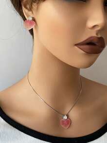 3件套简约日常玻璃珍珠耳钉项链套装，通勤百搭 - 白色 - 查看 5