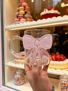 1pc Pink Bow Princess Glass Cup With Handle, Butterfly Decor Juice/Milk Cup, Ins Style Drinking Water Cup, New High-Quality Butterfly Wine/Coffee/Tea Cup, Lovely Couple Gift Cup