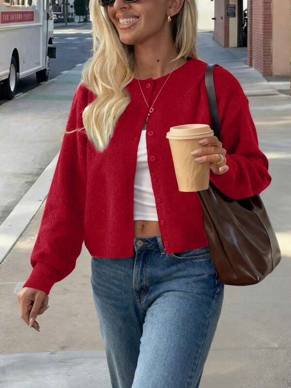 FOR BEAUTY Autumn New Red Round Neck Single Row Button Long Sleeved Knitted Cardigan Top, Gentle, Elegant, Romantic, Casual, Slouchy, Fashionable, Simple And Versatile, Suitable For Go Out Dates, Commuting Sweaters, Cardigans, Dates Commuting Sweaters Cardigans New Year Autumn Women's Clothing
