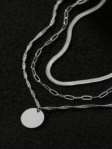 Nooxian 3 Stücke/Set Edelstahl Goldkette mit flachen Klingen, mehrlagige Anhänger Halskette, mit quadratischem Büroklammer Dekor in Stahlfarbe, geeignet für Frauen zum Tragen im Urlaub und auf Partys - Silber - Übersicht 3