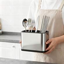 Escurridor de Platos para Encimera, Rejilla para Platos, Caja de Almacenamiento de Cocina con 4 Compartimentos para Encimeras, Cubiertos y Herramientas - Plateado - Ver 3