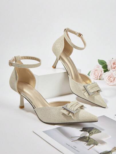 Women's Solid Color Glitter Rhinestone Decor Kitten Heel Shoes, Elegant Pointed Toe High Heels, Fashionable Ankle Strap Open Toe High Heels