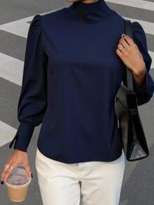 Women's Elegant Solid Color Stand Collar Puff Sleeve Blouse, Spring/Autumn,Long Sleeve Tops - Navy Blue - View 3