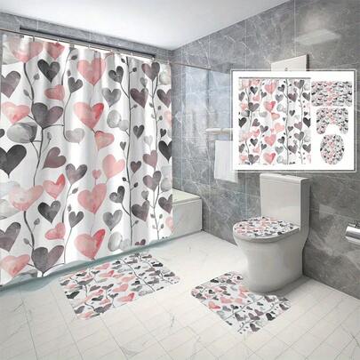 Juego de 4 piezas para baño con diseño de corazón y rama, incluye cortina de ducha con 12 ganchos, alfombra de baño antideslizante, alfombra en forma de U para el inodoro, alfombra para el inodoro, accesorios de decoración para el baño