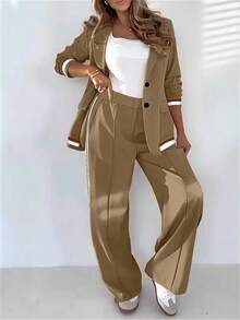 2pcs Solid Color & Striped Blazer Jacket And Wide Leg Straight Pants, Women Office Casual Suit - Brown - View 4