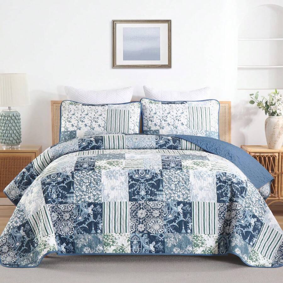 3 Pieces Patchwork Quilt Set King Size, Blue  Plaid Design Bedding Set, Soft N Cozy Microfiber Quilt, Lightweight Bedspread Bed Cover For All Season,Christmas Gifts - 藍色 - 查看 1
