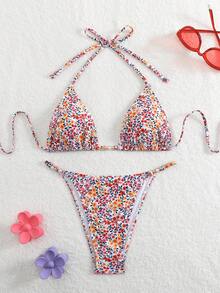 Bộ bikini buộc lưng họa tiết hoa gợi cảm thanh lịch dành cho nữ, đi biển nghỉ dưỡng - Nhiều màu - Xem 11