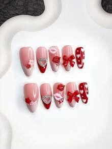10pcs Lip Shaped Nail Art Set, Hand-Painted Heart Press-On Nail Stickers, French False Nails, Shiny Heart Nail Stickers, Bow, Small Flower Nail Decorations, Pink Nail Polish, Red Gel Nail Polish, 3 Sizes Available: Almond, Duck Mouth, Coffin Shape, Includes Nail Tools (1 Jelly Sticker + 1 Nail File), Suitable For Parties, Valentine's Day, Casual Wear Nail Supplies - 彩色 - 查看 12