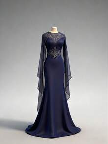 DELLA COUTURE Women's Summer Round Neck Navy Formal Party Chiffon Evening Gown Cape Sleeve Design With Exquisite Beading Fashionable Women's Elegant Fitted Gorgeous Floor-Length Dress Suitable For Parties And Formal Occasions Women's Evening Gown - Navy Blue - View 1