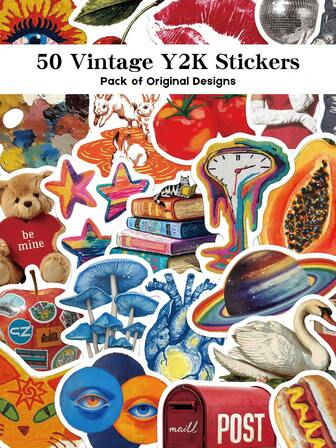 50pcs Vintage Y2K Stickers Holiday Gifts Party & Home Decor Class Reward Birthday Gift Decoration Scrapbook Laptop Luggage Guitar Water Cup Phone Case DIY Decal